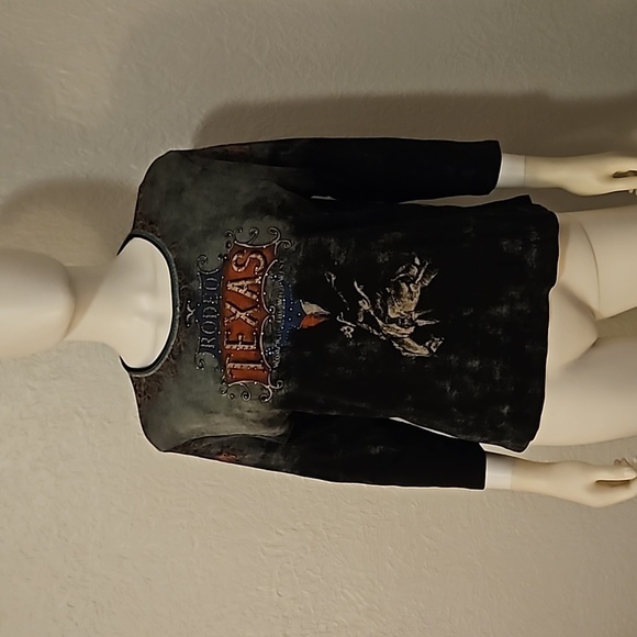 CACTUS Y2k Black Bedazzled Graphic Rodeo Texas Three Quarter Sleeve Top - Picture 3 of 8